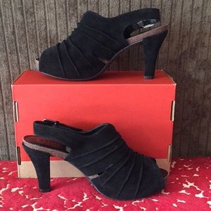 Kathy VanZeeland Peep Toe Black Suede Leather Heel